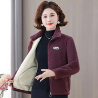 Winter Mother's Attire New Jacket Middle-Aged And Elderly Women's Fleece-Lined Woolen Sweatshirt Warm  Stand Collar Top
