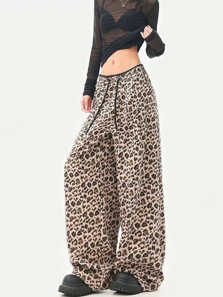 2025 Jeans Leopard Print High-Waisted Loose-Fit Casual Trousers Straight-Leg Long Pants New Style Amazeon European And American