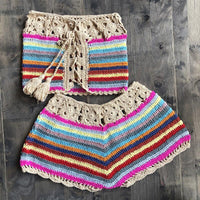 Sexy Colorful Striped Strapless Crochet Tube Crop Top and Skirt Summer Beachwear 2 Piece Set