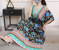 Summer Poplin Dresses Women Round Neck Puff Short Sleeve A Line Print Dresses Ethnic Style Tight High Waist Long Dress 2023