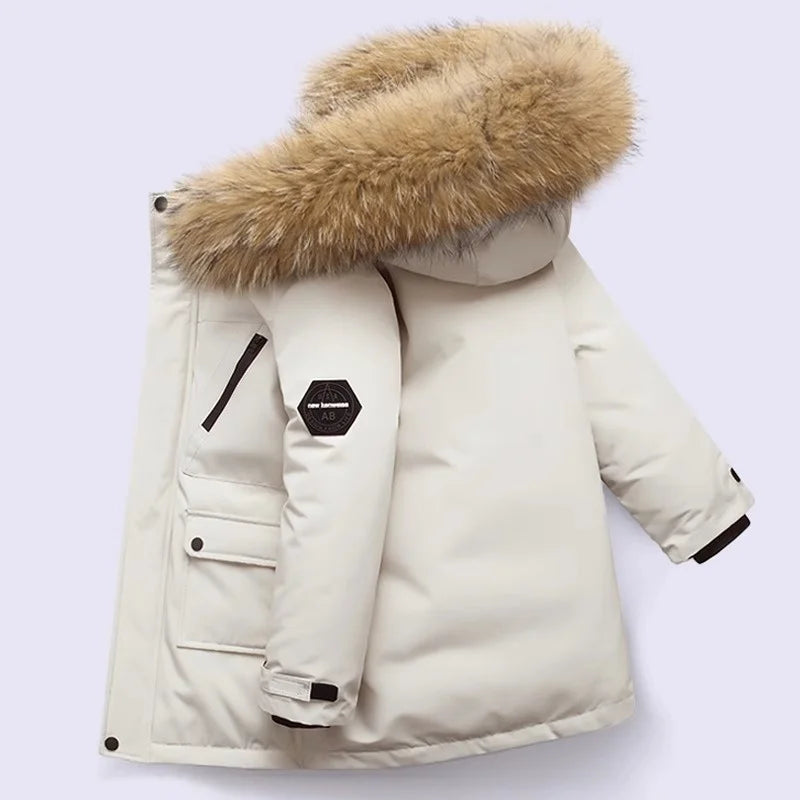 -30℃ Winter Kids Thick Warm Jacket Children Padded Plus Velvet Parkas Coat Boys Girls Fur Collar Hooded Cotton Clothes Outerwear