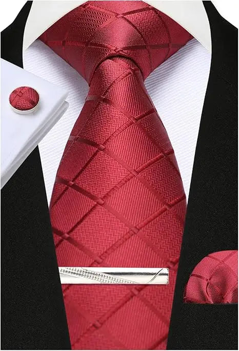 100% Silk Ties for Men Plaid & Checks Tie Clip Handkerchief Woven Classic Men's Necktie Pocket Square Set Formal Wedding Ties
