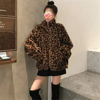 Women Vintage Leopard Stand Collar Zipper Outwear 2023 Winter Jacket Lady Loose oversized Fuzzy Coats Female Casual Streetwear