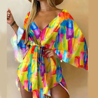 2023 New Summer Beach Elegant Dresses Women Sexy V Neck Lace-up Floral Print Mini Dress Casual Flared Sleeves Ladies Party Dress