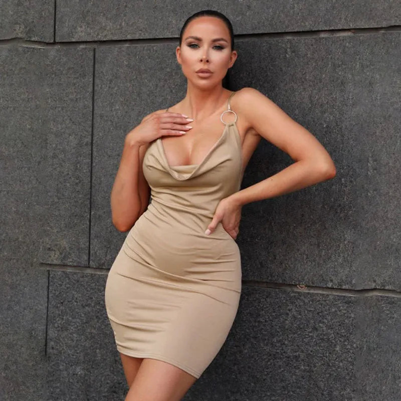 Y2K Spring/Summer New Cross border European and American Sexy V-neck Ring Buckle Milk Silk Sling Wrap Hip Dress