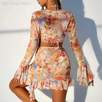 New Arrival Sexy Print Four Piece Bikini Set High Waist With Beach Skirt Long Sleeve Crop Top Swimwear Bikini Bathing Suit