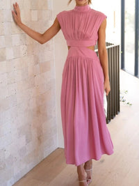 Summer Dresses 2025 Mock Neck Sleeveless Cutout White Maxi Dresses A-Line Elegant Pockets Casual Party Hollow Out Long Dress