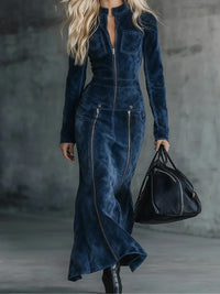 French Vintage-Inspired Faux Suede Multi-Zip Slim-Fit Dress for Women Elegant Stand Collar Long Sleeve Chic Ethnic Long Dress