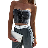 Summer Denim Crop Tops Women Solid Color Front Lacing Off Shoulder Strapless Backless Slim Vest Tank Tops Casual Streetwear