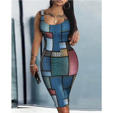 Elegant Denim Look Print Sleeveless U-Neck Bodycon Dress Women Vintage Casual Fashion High Waist Corset Slim Fit Dress