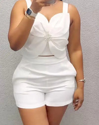 Summer Women's Elegant and Casual 2-Piece Set with 3D Floral Wide Shoulder Strap, Crop Top and Casual Pocket Design Shorts Set