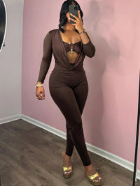 Sisterlinda Swinging Neck Slim Jumpsuits Sexy Hot Solid Cleavage Full Sleeve Elastic Overalls+Inside Chest Tanks Mujer Clubwear