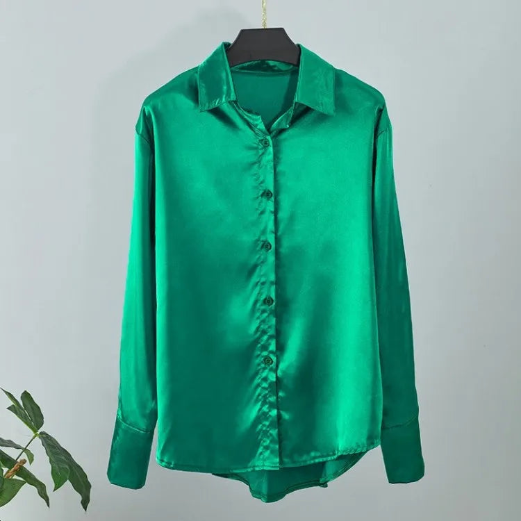 Fashion Long Sleeve Satin Women Shirts Office Lady Elegant Loose Silk Blouses Button Up Tops