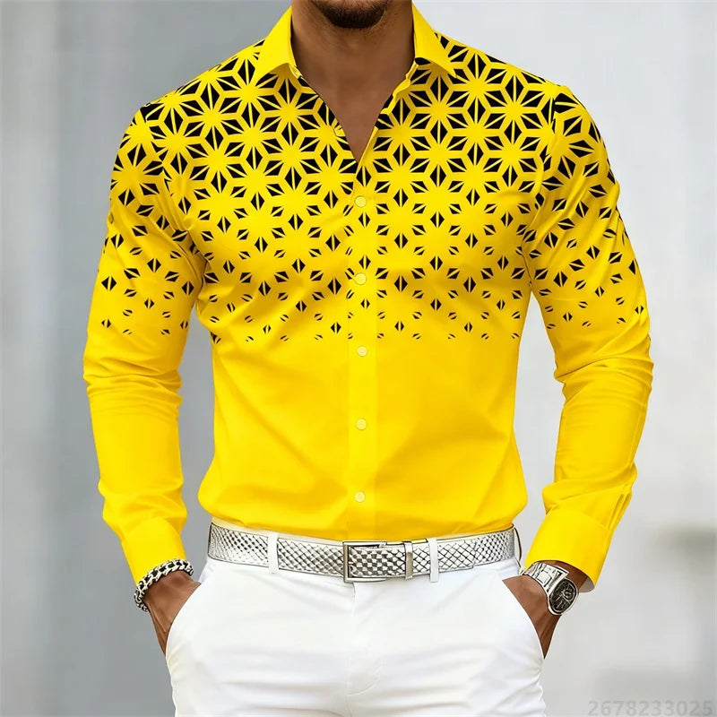 17 colors of men's shirts, fashionable geometric pattern print long sleeve shirts, personalized trendy slim lapel casual shirts