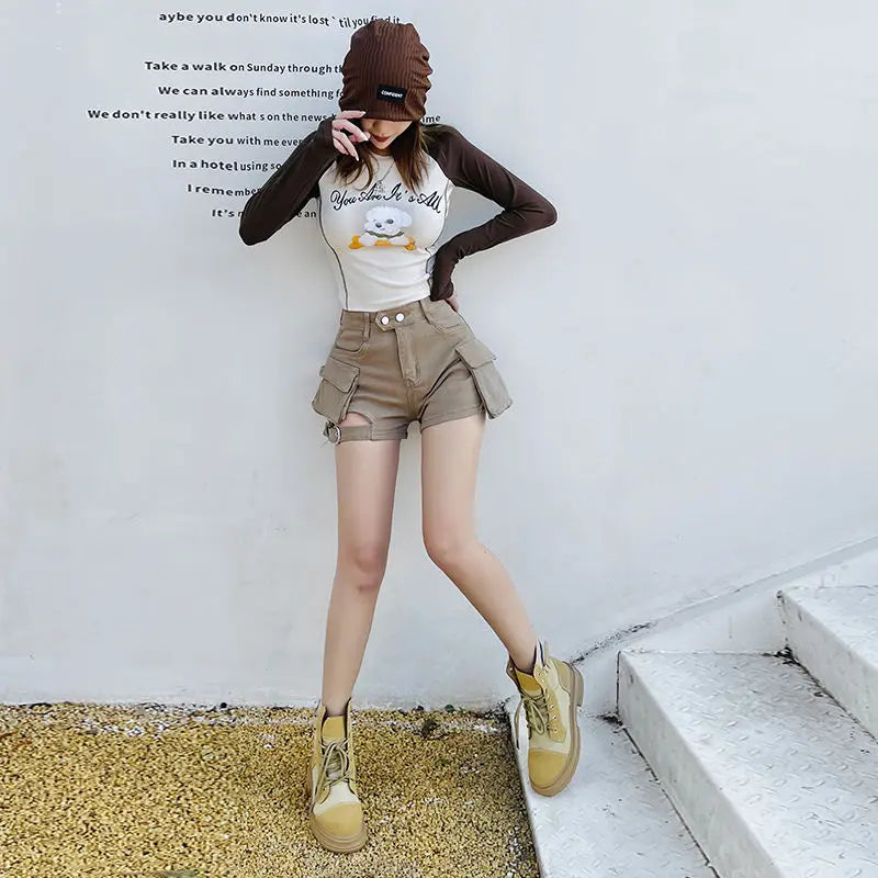 High Waisted Cargo Shorts Khaki Chic Pockets Jeans Shorts Sexy Girl Summer Clothes for Women