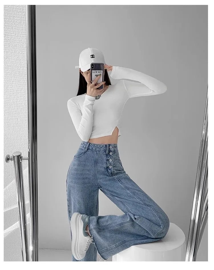 High-waisted Jeans Women's Loose-fit Straight-leg Trousers Draped Wide-leg Denim Pants