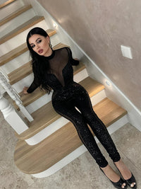 Mesh Patchwork Jumpsuits For Women Fashion Sexy Club Sequined Long Sleeves O-Neck Slim Fit See Through Romper Female Streetwear