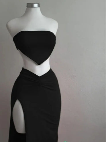 Strapless Backless Crop Top High Waist Skirt 2 Piece Set Women Summer Sexy Slim Fit Split Midi Dress Tube Suits Party Club Sets