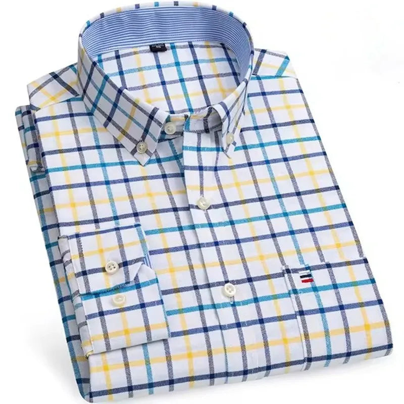 Men's Versatile Casual Checkered Oxford Cotton Shirts Single Pocket Long Sleeve Standard-fit Button Down Gingham Striped 7XL 6XL