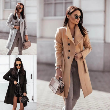 2022 Elegant New Casual Winter and Autumn Woolen Coat Solid Color Bandage Woolen Coat