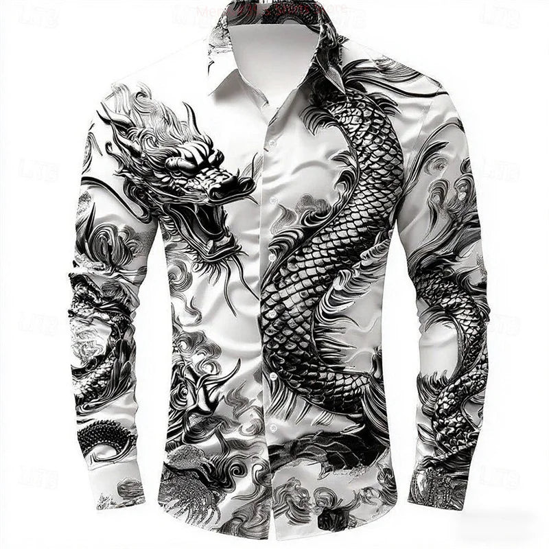 multicolour Dragon Men's Long Sleeve Shirt Button Fashion Casual Shirt Vacation Everyday Spring Lapel 3D Printed Men's Clothing