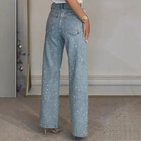 Jeans for Women Straight Diamonds Pants Stretch High Waist Washed Mom Jeans Vintage Denims Streetwear Y2k Streetwear Trousers