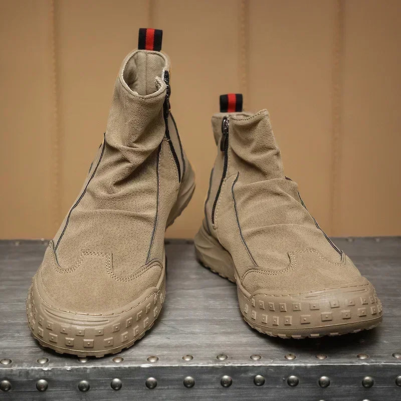 Men's Boots High Cut Workwear Shoes Autumn New Zipper Pleated Non Slip Comfort Thick Soled Wear-resistant Fashion Flat Boots