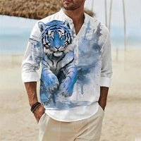 Men's 3D Button Shirt T-shirt Summer New Fashion Personalized Graffiti Standing Collar Casual Long sleeved Shirt Extra Large