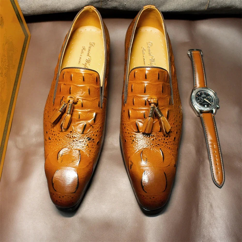 Luxury Men's Black Coffee Crocodile Print Loafers Slip-On Tassel Detail Casual Formal Dress Leather Shoes