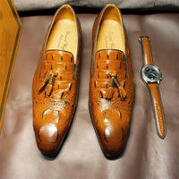 Luxury Men's Black Coffee Crocodile Print Loafers Slip-On Tassel Detail Casual Formal Dress Leather Shoes