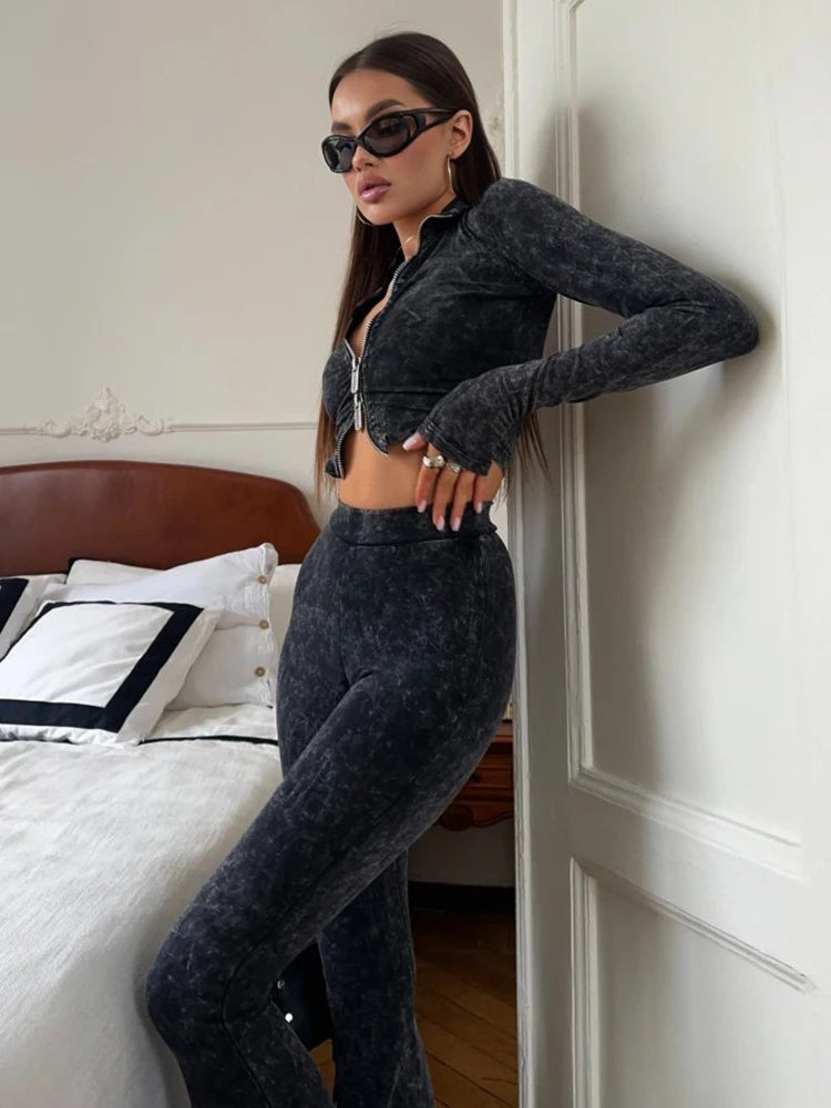 Zipper Suits Casual CNYISHE Women Sets Long Sleeve Turn-down Collar Streetwear Sexy Club Slim Fashion Female 2-pieces(Tops+Pants