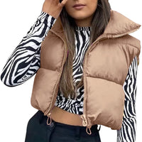 Women Waistcoat Retro Short Cotton-Padded Clothes Solid Color Stand Neck Zipper Casual Party Loose Warm Winter Coat