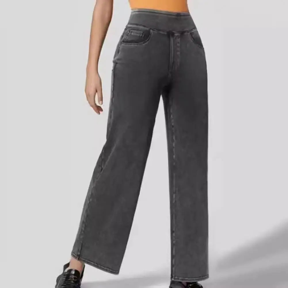 Women Jeans Elastic High Waist Slim Fit Slightly Flared Pull-On Wide Leg Long Denim Pants With Pockets Solid Color Female Jeans