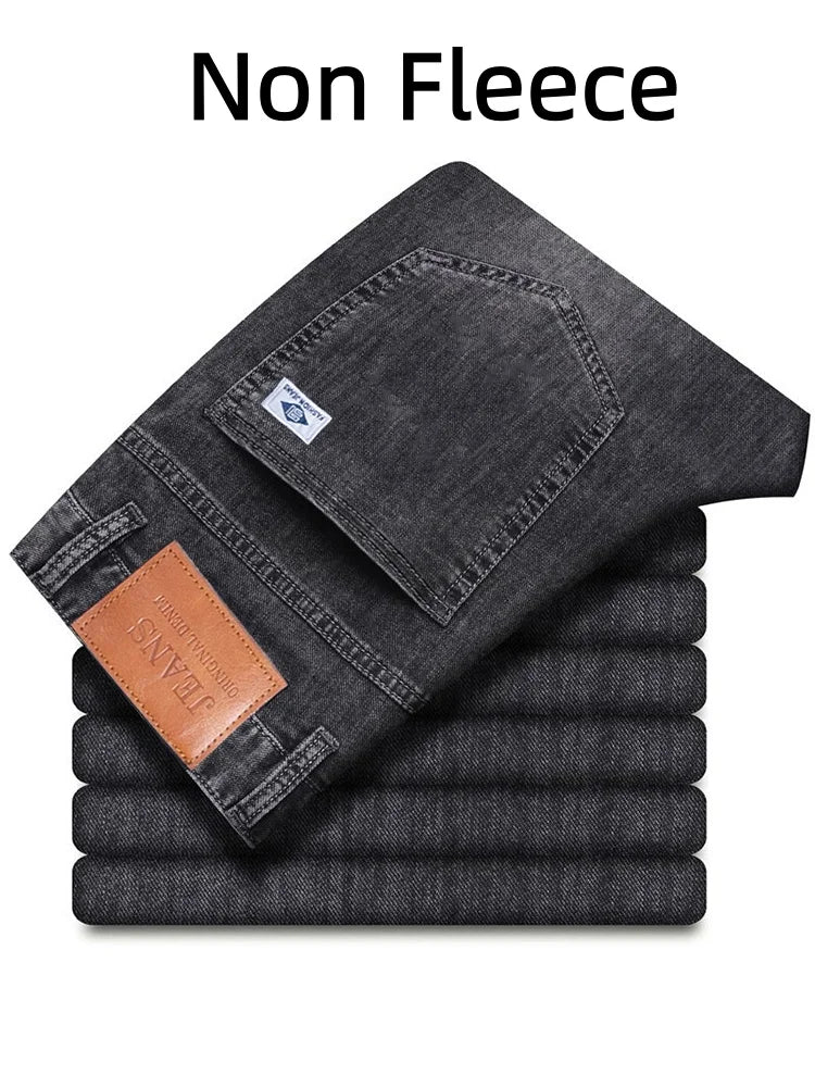 Men's Winter Warm Fleece Lined Thick Stretchable Business Casual Jeans Lightweight Trousers for Office And Daily Wear