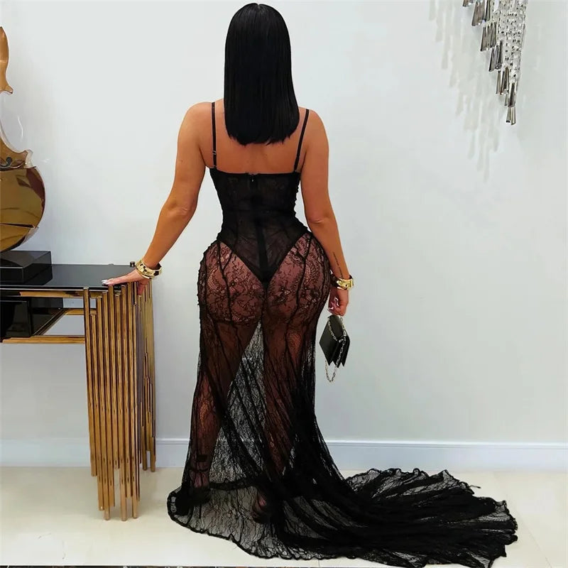 Sexy See Through Lace Mermaid Evening Dresses Women Wedding Nightclub Spaghetti Strap Strapless Club Party Long Dress Elegant