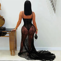 Sexy See Through Lace Mermaid Evening Dresses Women Wedding Nightclub Spaghetti Strap Strapless Club Party Long Dress Elegant