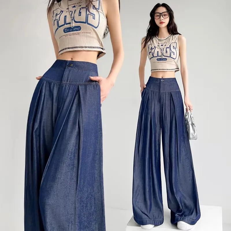 High Waist Baggy Jeans Women's Summer Thin Korean Drooping Silk Wide-leg Pants Oversize Woman Clothes Female Trousers Denim New