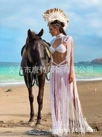 Leosoxs Hand Crochet Knitted Women Bikini Cover Ups Summer Holiday Tassel Beach Bathing Suit Sexy Hollow Out Skirts Matching Set