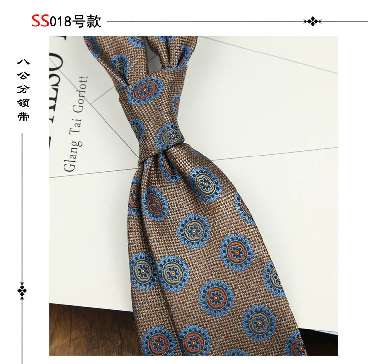 2024 New Brown Polyester Jacquard Men's Neckties 8CM Striped Dots Plaid Business Formal Neck Ties Wedding Party Suit Cravat Gift