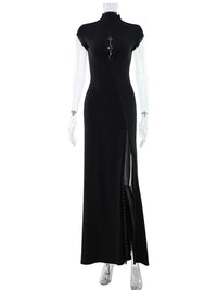 CNYISHE Short Sleeve O Neck Women Dresses Split Metal Buckle Solid Sheath Sexy Club Fashion Evening Party Outfits Female Bodycon