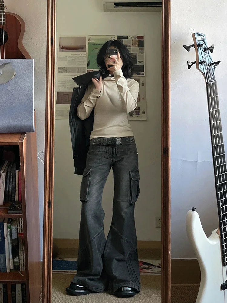 CJFHJE American Retro Bell Bottoms Washed Black Low Waist Slim Flare Jeans Women Fashion Cozy Denim Trousers Hiphop High Street