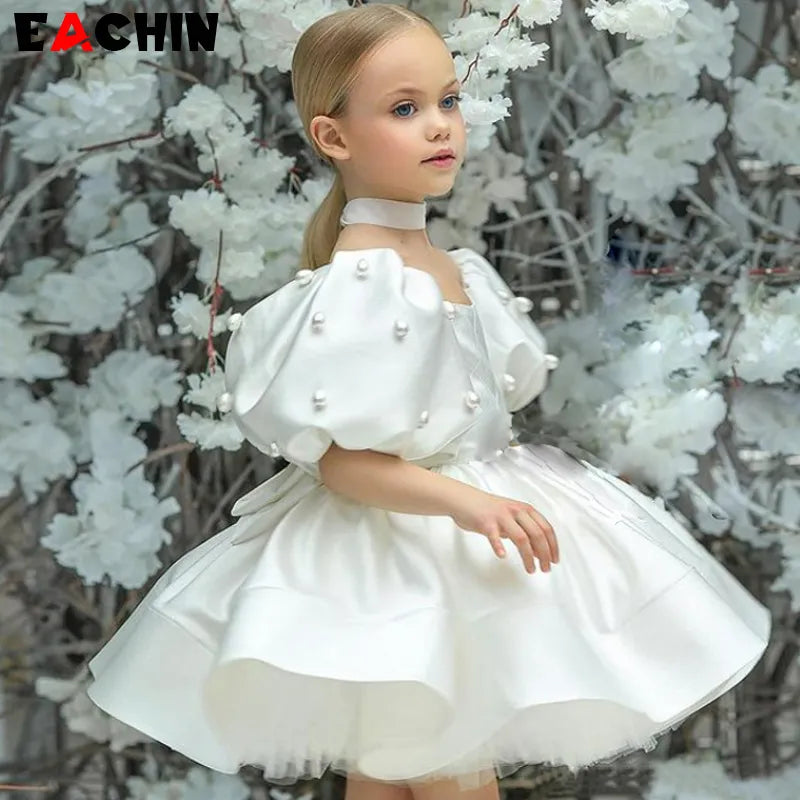 Baby Girls Birthday Dress Kids Elegant Retro Princess Dresses New Fashion Puff Sleeve Pearls Prom Dress for Girl Party Clothing