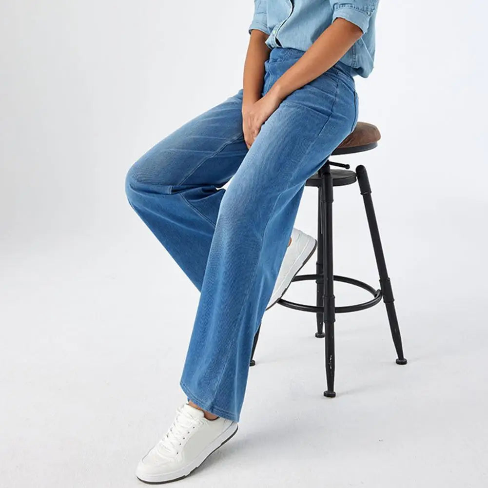 Women Jeans With Pockets Elastic High Waist Solid Color Full Length Pants Straight Wide Leg Trousers Sweatpant Daily Commuting