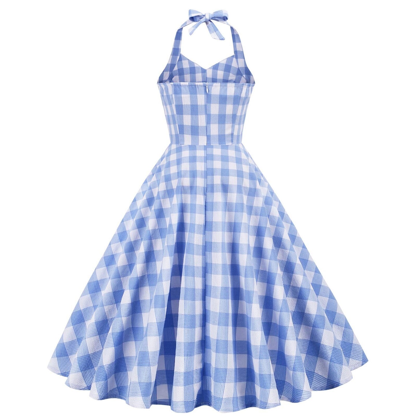 High Waisted Plaid Cocktail Dress Backless Sexy Mid Length Dress Vintage 1950s Hepburn Strapless Swing Retro Halter Dresses