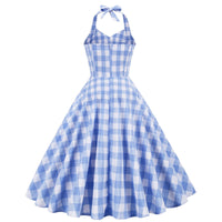 High Waisted Plaid Cocktail Dress Backless Sexy Mid Length Dress Vintage 1950s Hepburn Strapless Swing Retro Halter Dresses