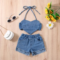 2022-12-29 Lioraitiin 0-6Years Toddler Girl Summer Clothes 2Pcs Outfits Dot Print Heart Denim Camisole Ripped Jeans Shorts