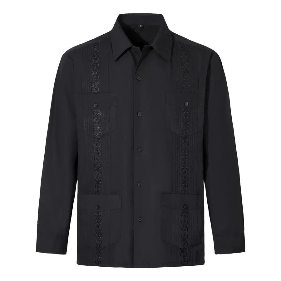 2026 New Men's Guayabera Shirts Four Pockets Embroidered Long Sleeve Shirts for Men Blue Mexican Cuban Button Dress Shirt