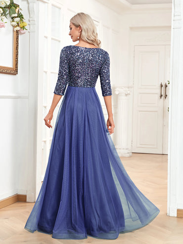 XUIBOL Elegant V-Neck Long Sequin Blue Evening Dress 2023 Women Mermaid Formal Dress Long Sleeves Wedding Party Maxi Prom Dress