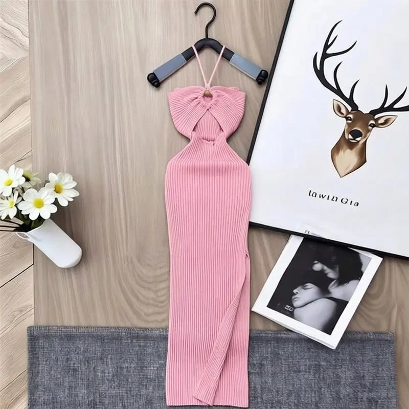 YuooMuoo Ins Hot Hollow Out Sexy Wrap Hips Split Knitted Long Dress 2026 New Y2K Halter Bodcyon Summer Dress Lady Party Vestidos