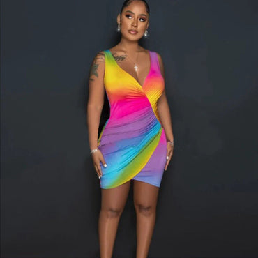 Tie Dye Summer Bodycon Dress Women Bulk Clothing V Neck Sheath Slim Ruched Night Club Party Mini Dress Clubwear Short Sexy Dress